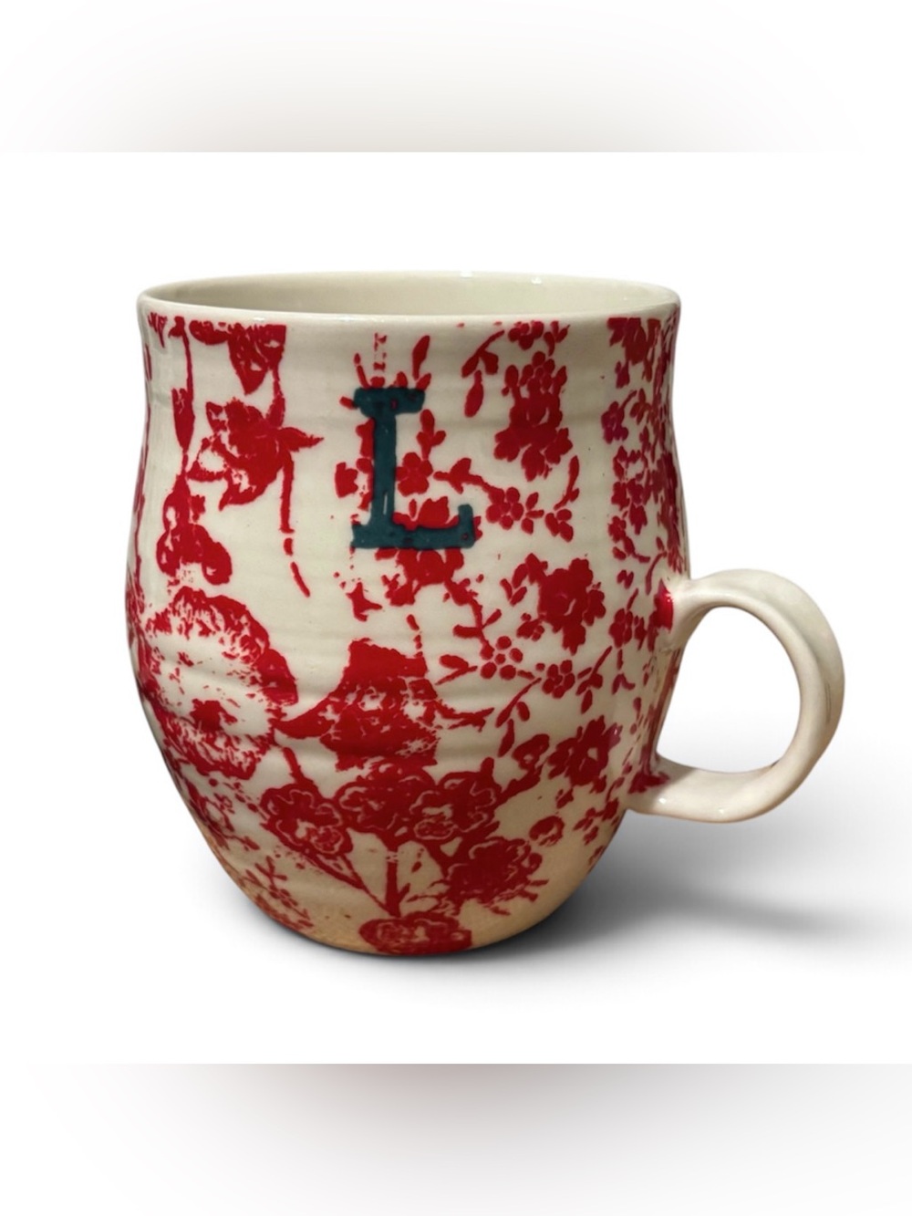 Anthropologie Homegrown Red Floral Monogram Initial “L” Ceramic Mug